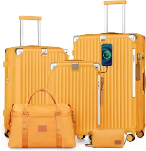Joyway 5 Piece Luggage Set with Cup Holder, Expandable 25% Capacity, Includes Handbag, Anti Slip Wheels, Hook, Smart Carry On Suitcase for Men and Women, Spinner Travel Orange