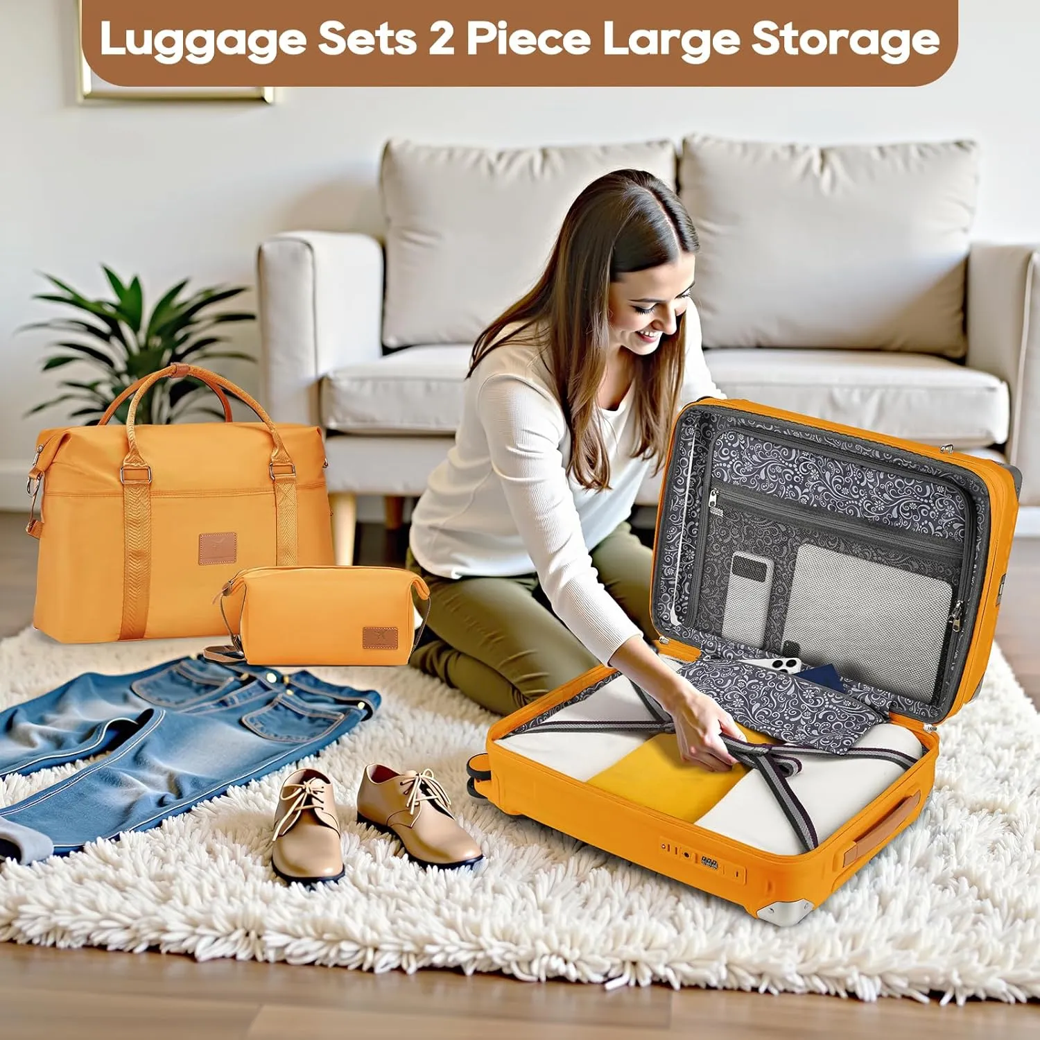 Joyway 5 Piece Luggage Set with Cup Holder, Expandable 25% Capacity, Includes Handbag, Anti Slip Wheels, Hook, Smart Carry On Suitcase for Men and Women, Spinner Travel Orange