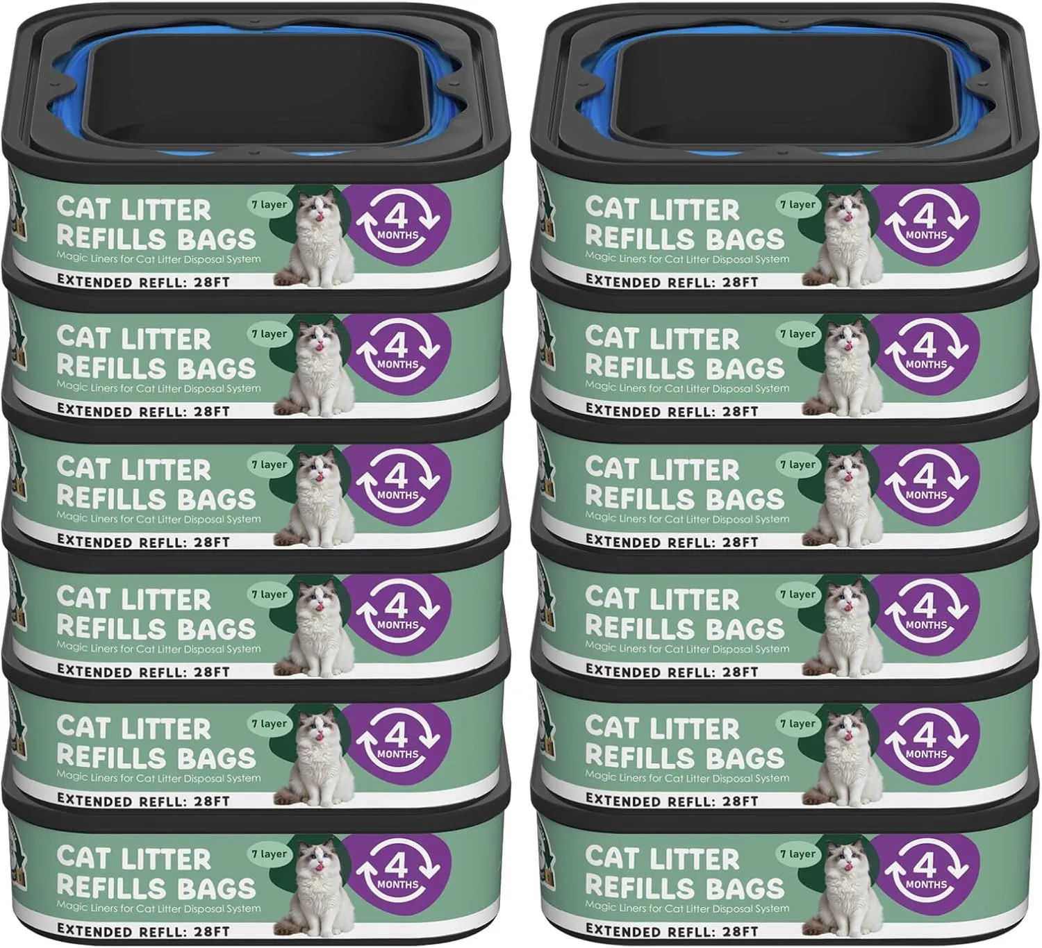 Jumbo Cat Litter Refill Bags Cartridge 28FT 12 Pack, Compatible with Litter Cat Genie Standard, Plus, XL, XL  Pail Refills, 7-Layer Odor Control Pet Waste Bags