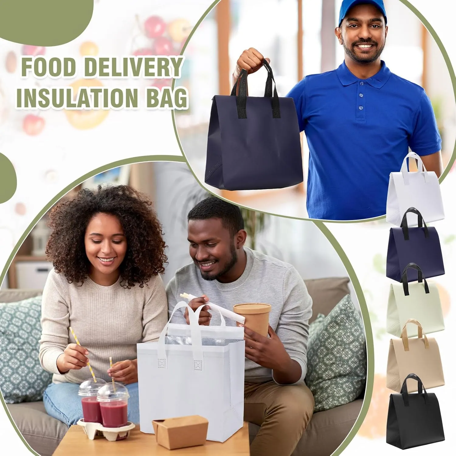 Kacctyen 100 Pcs Insulated Take Out Bags Bulk 9.5 x 6 x 9.5 in Thermal Insulation Food Bag for Coffee, Milk Tea, Hot Cold Food, Delivery Cooler Bag for Catering Restaurant Grocery Picnic (Rich Colors)