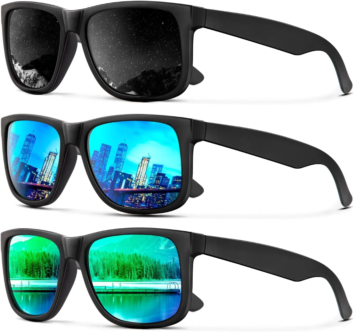 KALIYADI Sunglasses Men Polarized Sun glasses for Mens Womens Classic Matte Black Frame UV Protection 3pack