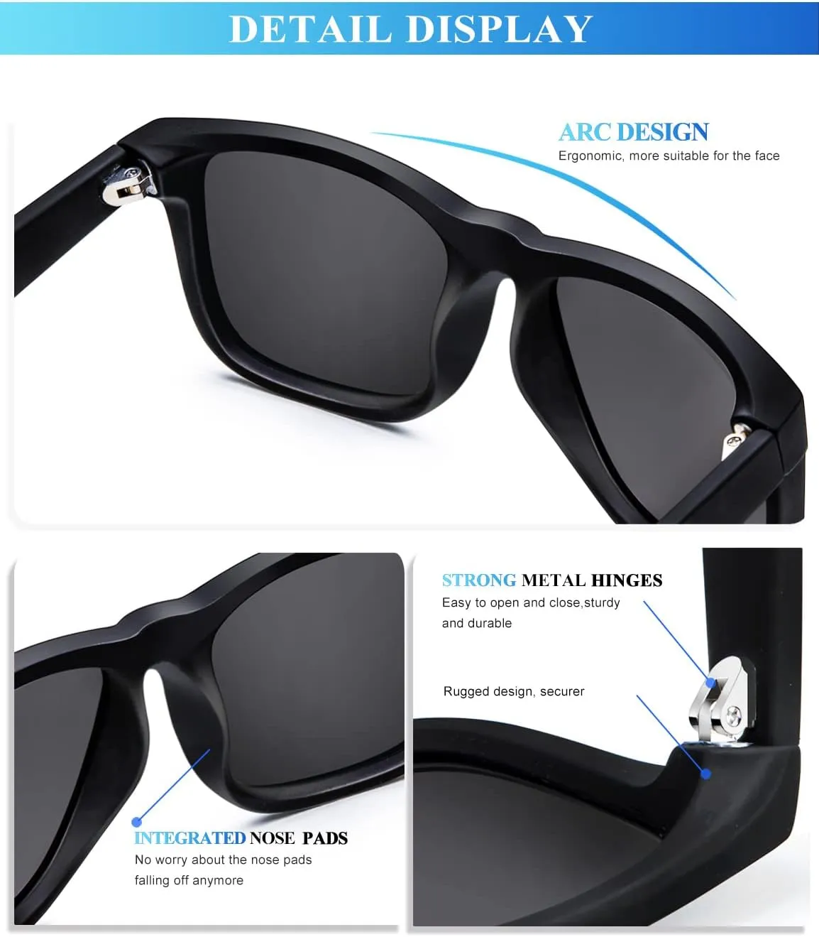 KALIYADI Sunglasses Men Polarized Sun glasses for Mens Womens Classic Matte Black Frame UV Protection 3pack
