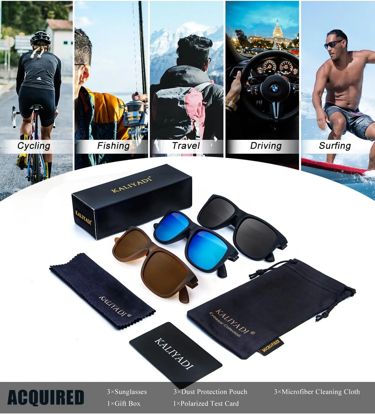 KALIYADI Sunglasses Men Polarized Sun glasses for Mens Womens Classic Matte Black Frame UV Protection 3pack