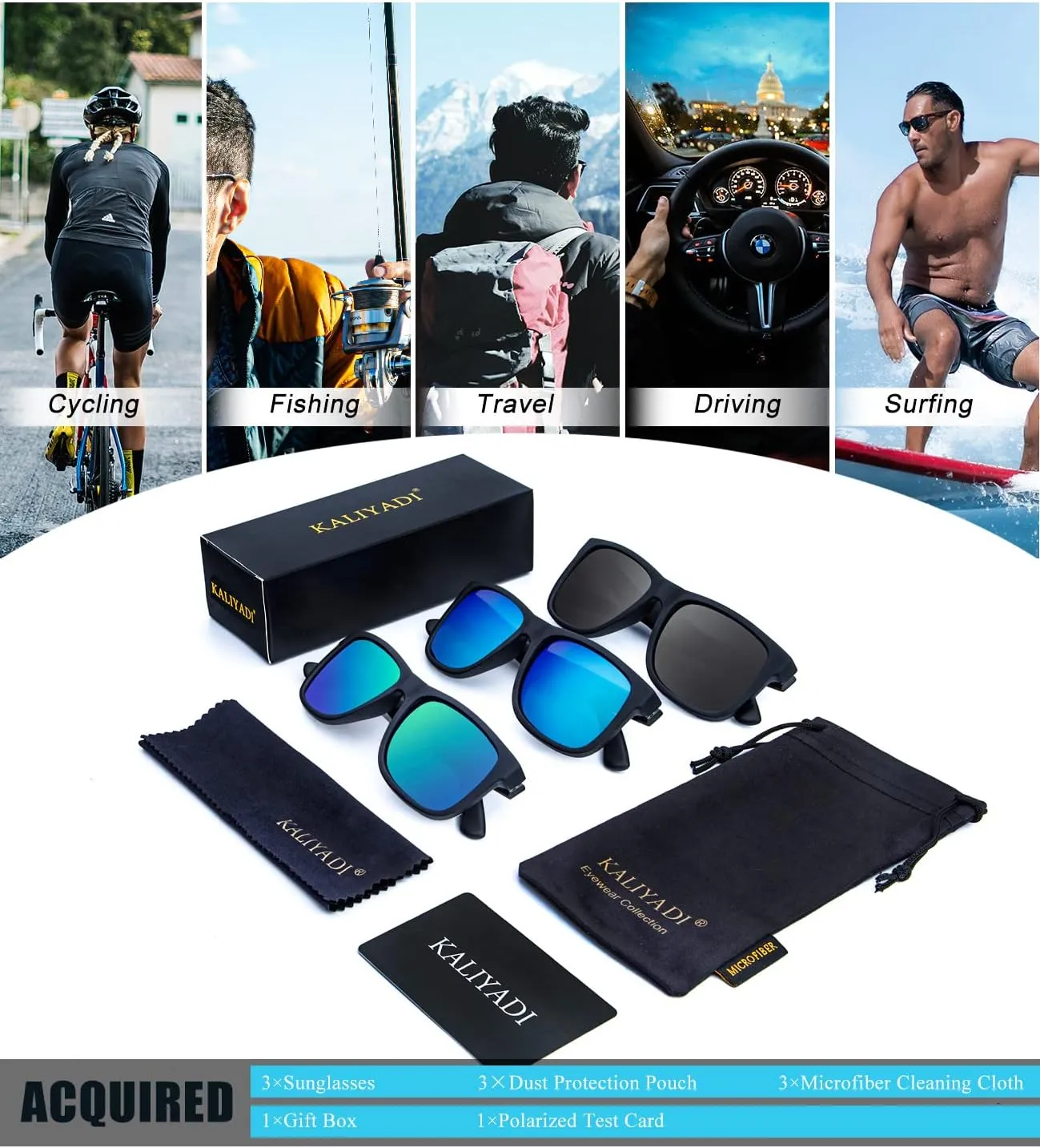 KALIYADI Sunglasses Men Polarized Sun glasses for Mens Womens Classic Matte Black Frame UV Protection 3pack