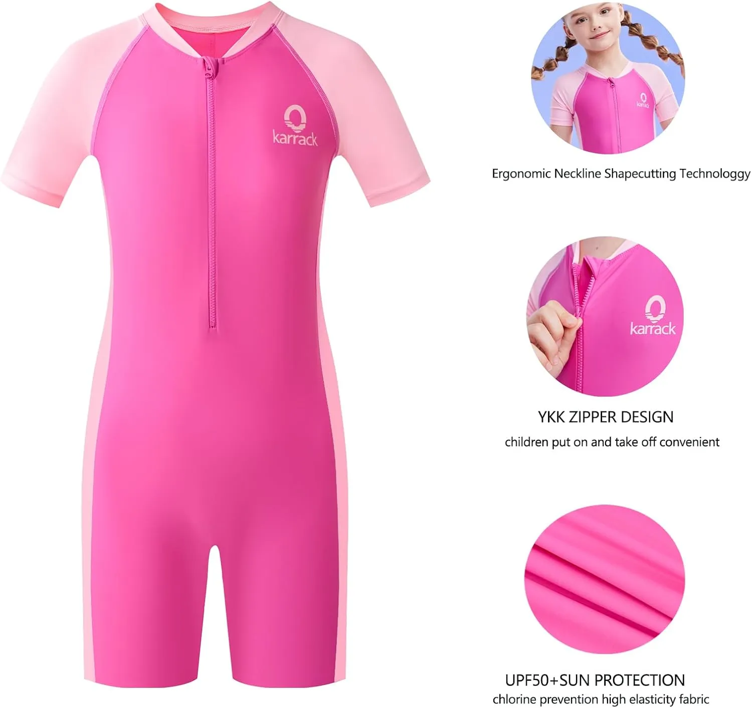 karrack Girls and Boys One Piece Rash Guard Swimsuit Kid Water Sport Short Swimsuit UPF 50  Sun Protection Bathing Suits
