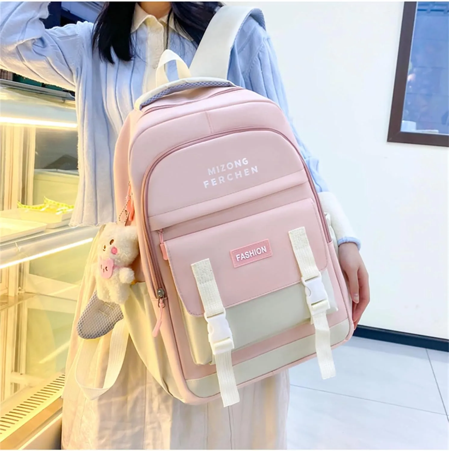 Kawaii Backpack Set 5Pcs School Bag with Cute Pendants Accessories for Teen Girls Boys Back to School Supplies Aesthetic Backpack Shoulder Tote Bags Daypack
