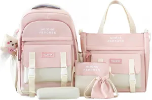 Kawaii Backpack Set 5Pcs School Bag with Cute Pendants Accessories for Teen Girls Boys Back to School Supplies Aesthetic Backpack Shoulder Tote Bags Daypack