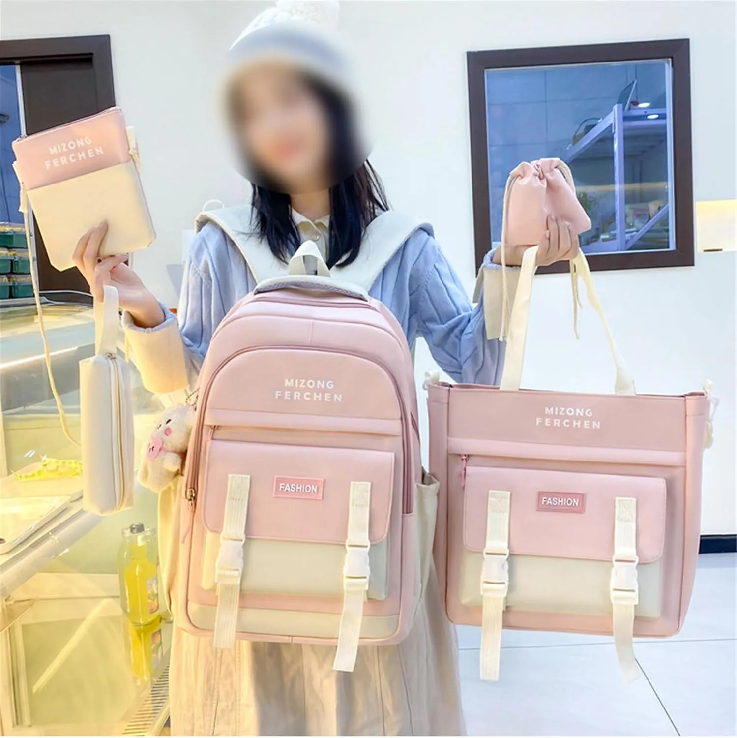 Kawaii Backpack Set 5Pcs School Bag with Cute Pendants Accessories for Teen Girls Boys Back to School Supplies Aesthetic Backpack Shoulder Tote Bags Daypack