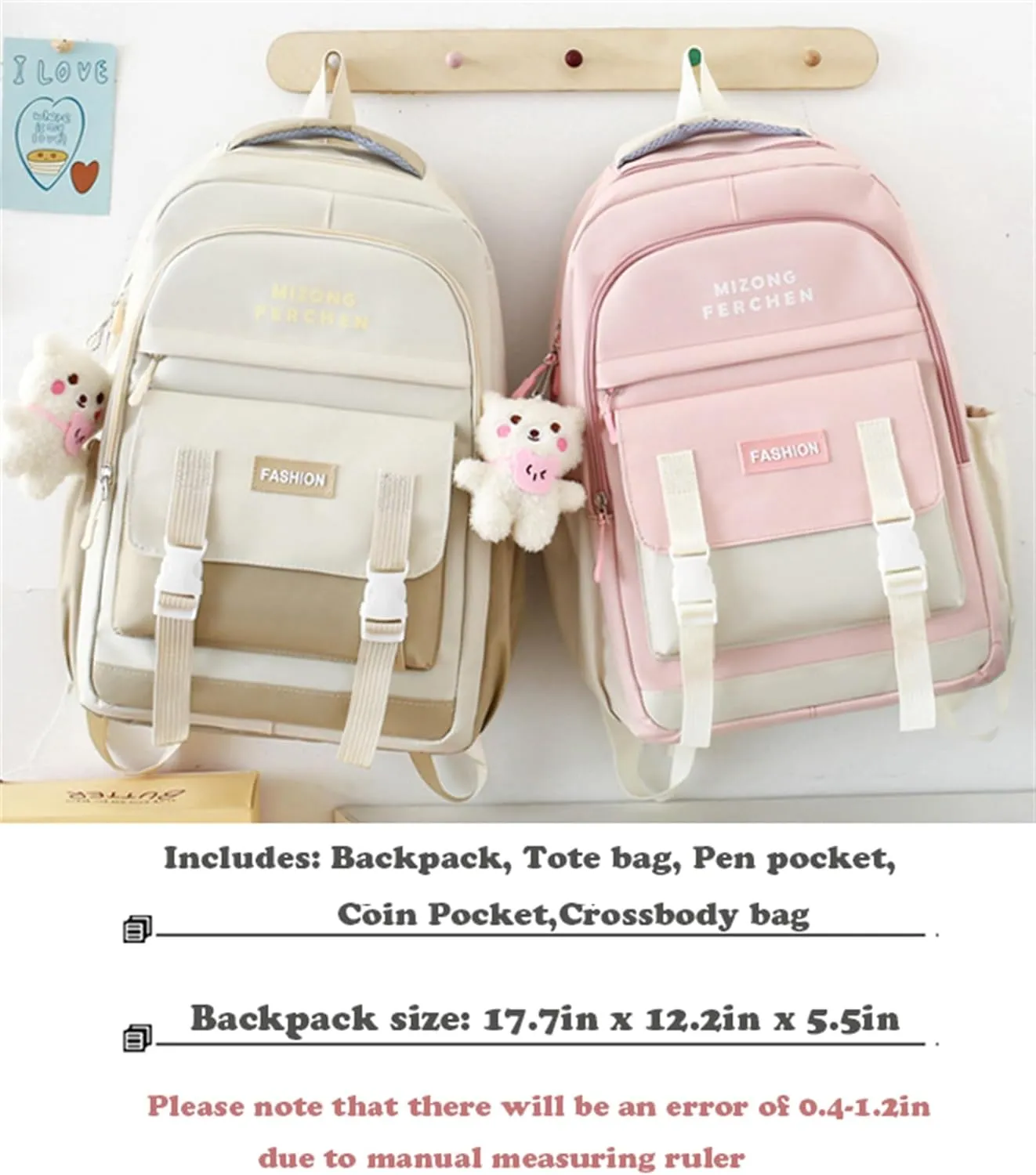 Kawaii Backpack Set 5Pcs School Bag with Cute Pendants Accessories for Teen Girls Boys Back to School Supplies Aesthetic Backpack Shoulder Tote Bags Daypack