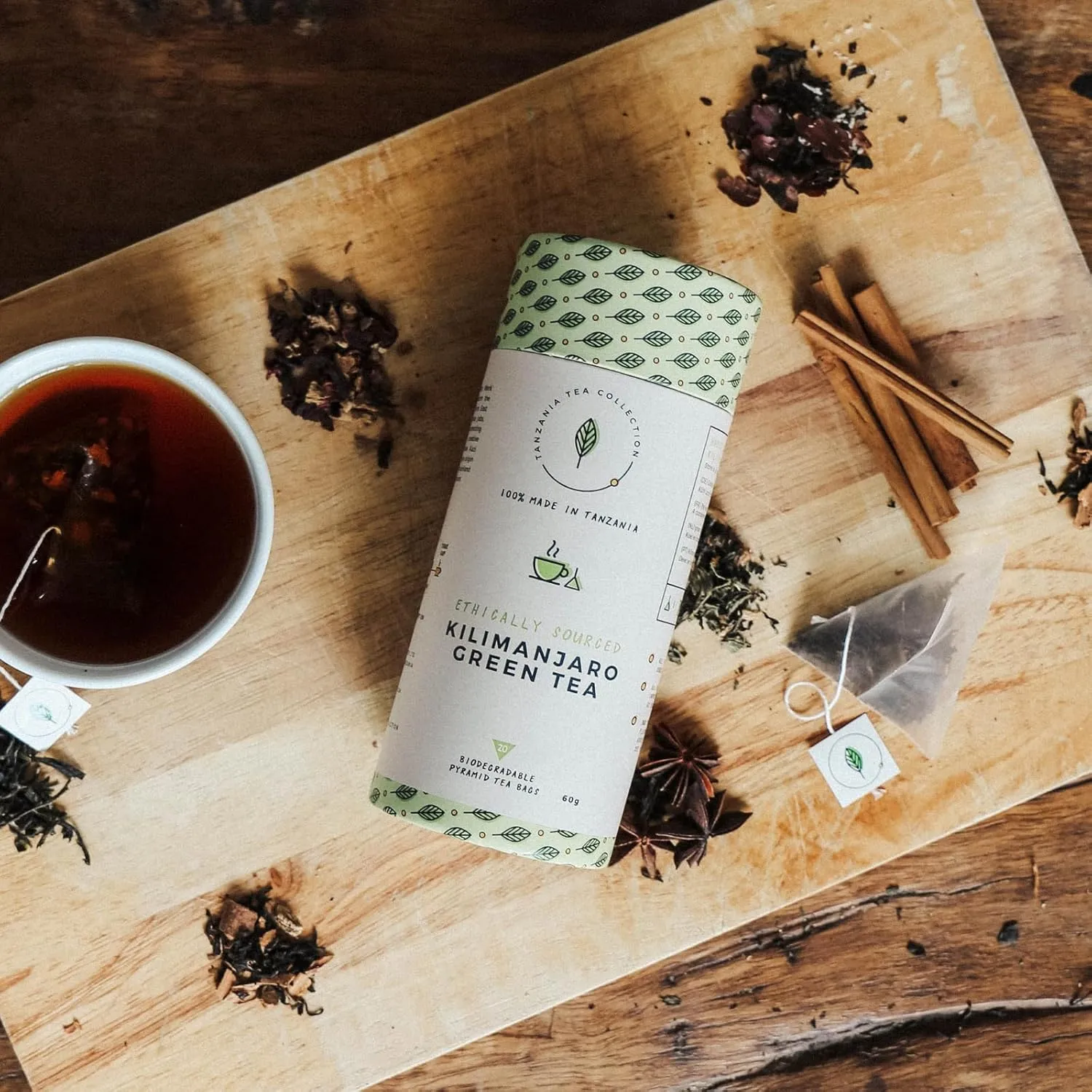 Kazi Yetu - Kilimanjaro Green Tea - 100% Natural - Biodegradable Pyramid Bags - Hot or Cold Brew - Lightly Energizing - Africa Collection - 20 bags