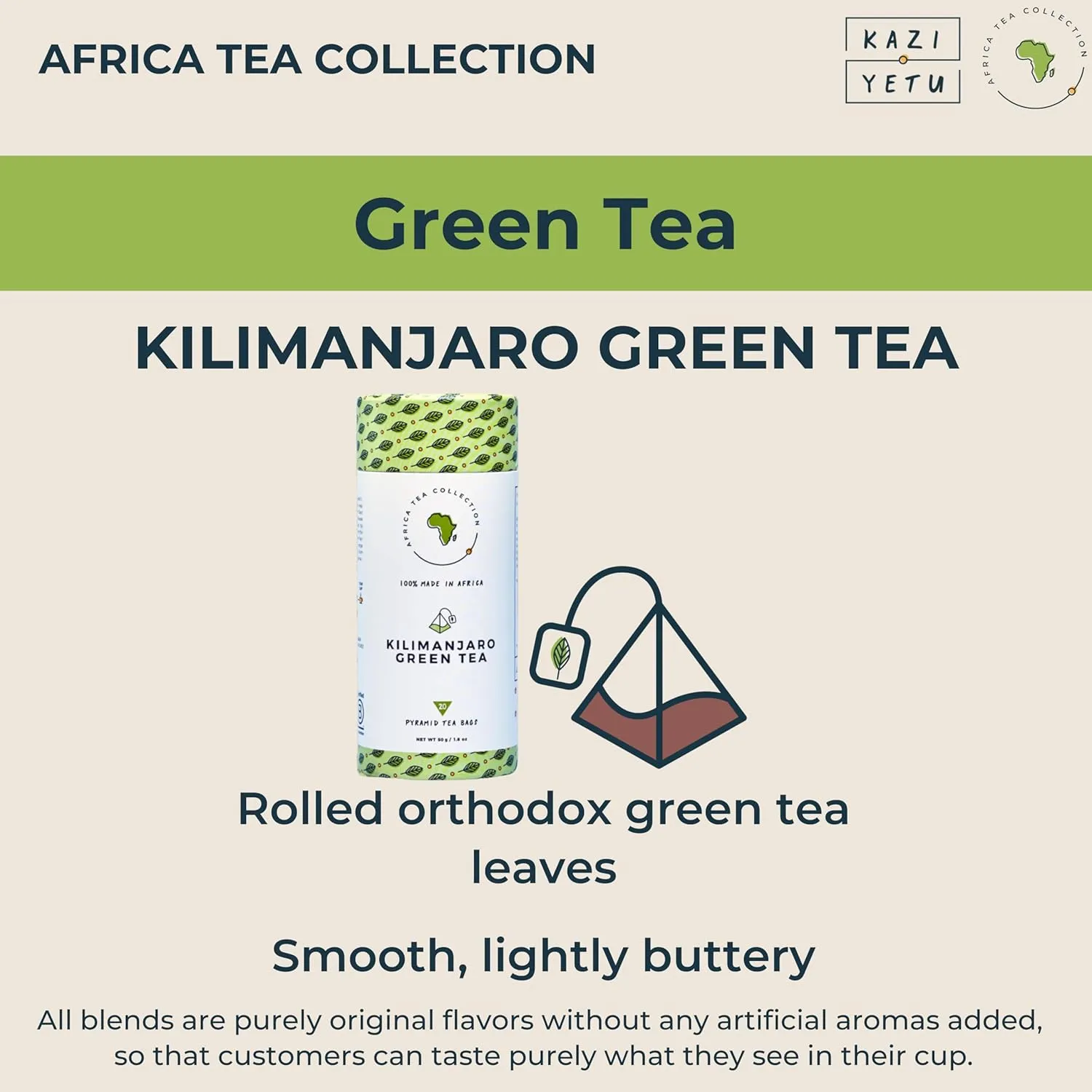 Kazi Yetu - Kilimanjaro Green Tea - 100% Natural - Biodegradable Pyramid Bags - Hot or Cold Brew - Lightly Energizing - Africa Collection - 20 bags