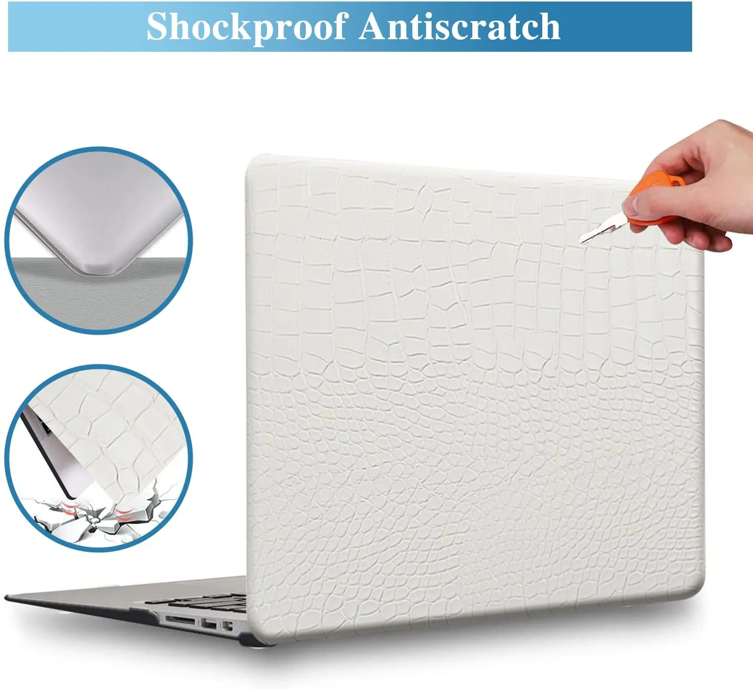 KEROM Compatible for Crocodile MacBook Air 13 inch Case 2022-2018 M1 A2337 A2179 A1932, Crocodile Skin Aligator Skin PU Leather Hard Shell & Keyboard Cover for MacBook Air 13.3 inch Case, White