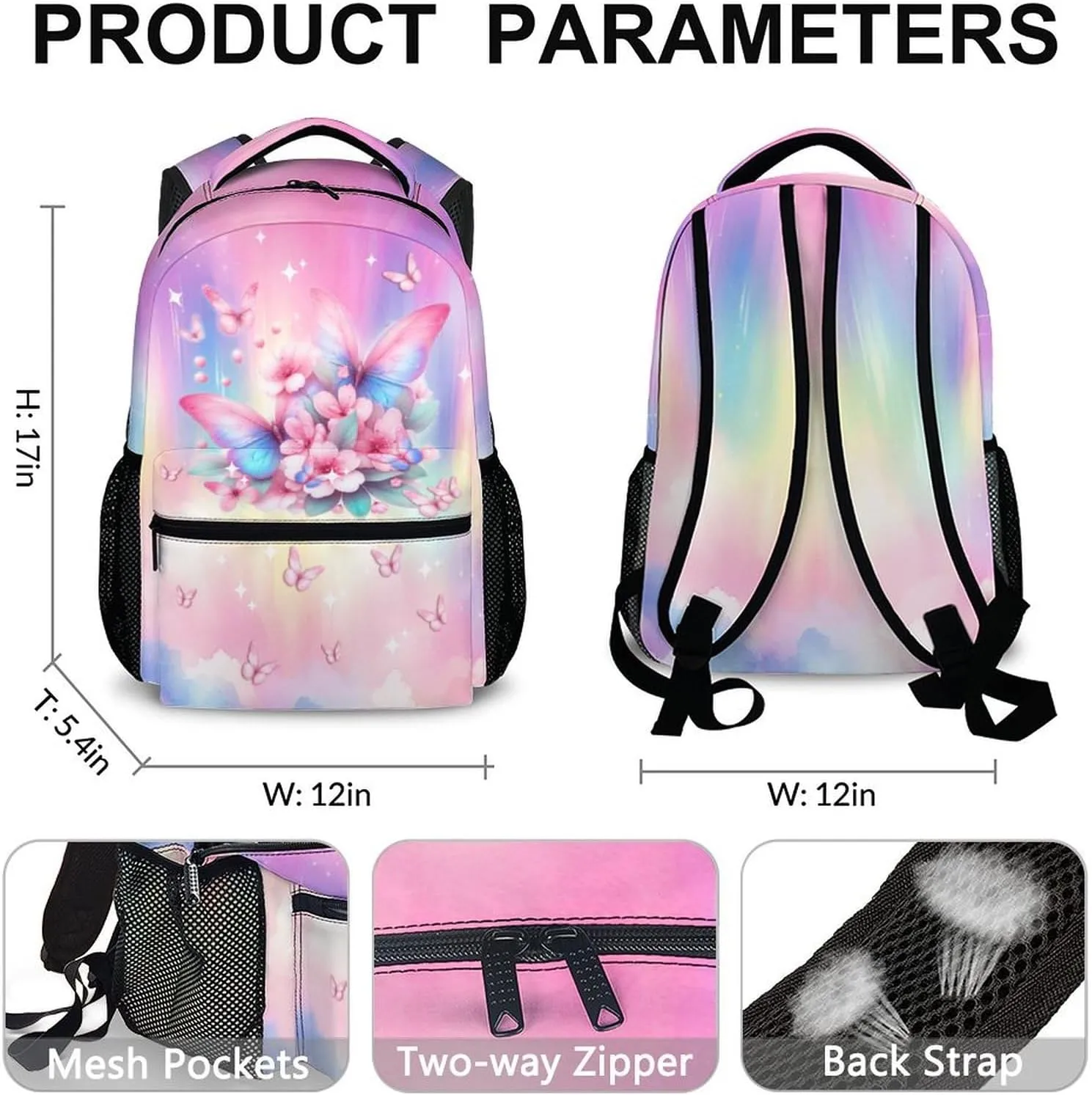 Kids Backpack for Girls, Butterfly Bookbag for Kids, 17 Inch Pink Butterfly Schoolbag for Preschool Kindergarten Primary, Lightweight Backpack for School Travel