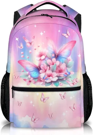 Kids Backpack for Girls, Butterfly Bookbag for Kids, 17 Inch Pink Butterfly Schoolbag for Preschool Kindergarten Primary, Lightweight Backpack for School Travel