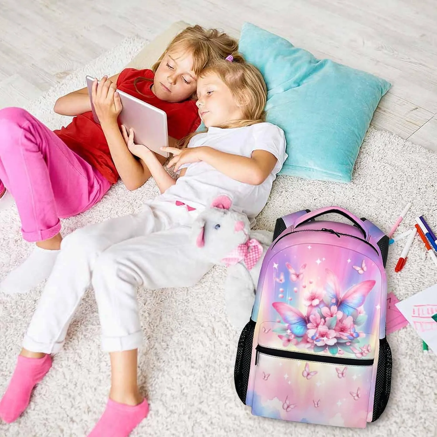Kids Backpack for Girls, Butterfly Bookbag for Kids, 17 Inch Pink Butterfly Schoolbag for Preschool Kindergarten Primary, Lightweight Backpack for School Travel