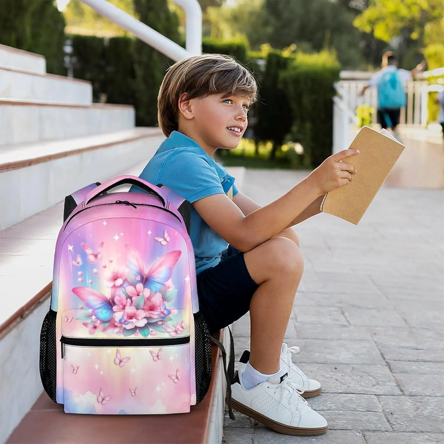 Kids Backpack for Girls, Butterfly Bookbag for Kids, 17 Inch Pink Butterfly Schoolbag for Preschool Kindergarten Primary, Lightweight Backpack for School Travel