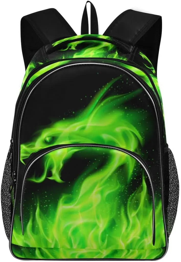 Kids Backpack Green Fire Dragon Three Layer Arc Bookbag for Boys Girls Elementary School Casual Travel Bag Laptop Daypack