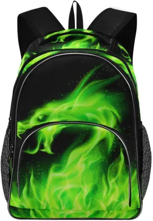 Kids Backpack Green Fire Dragon Three Layer Arc Bookbag for Boys Girls Elementary School Casual Travel Bag Laptop Daypack