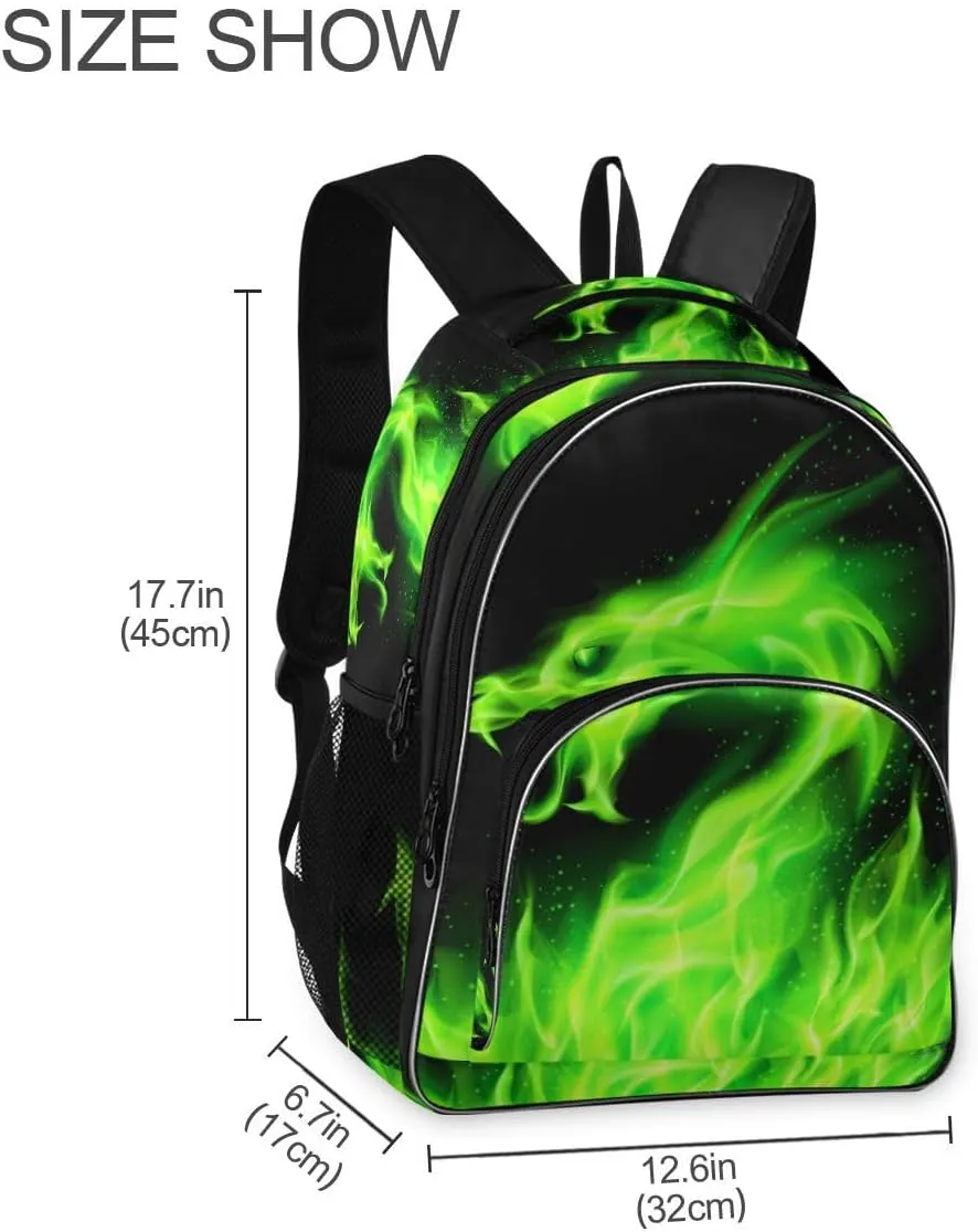 Kids Backpack Green Fire Dragon Three Layer Arc Bookbag for Boys Girls Elementary School Casual Travel Bag Laptop Daypack