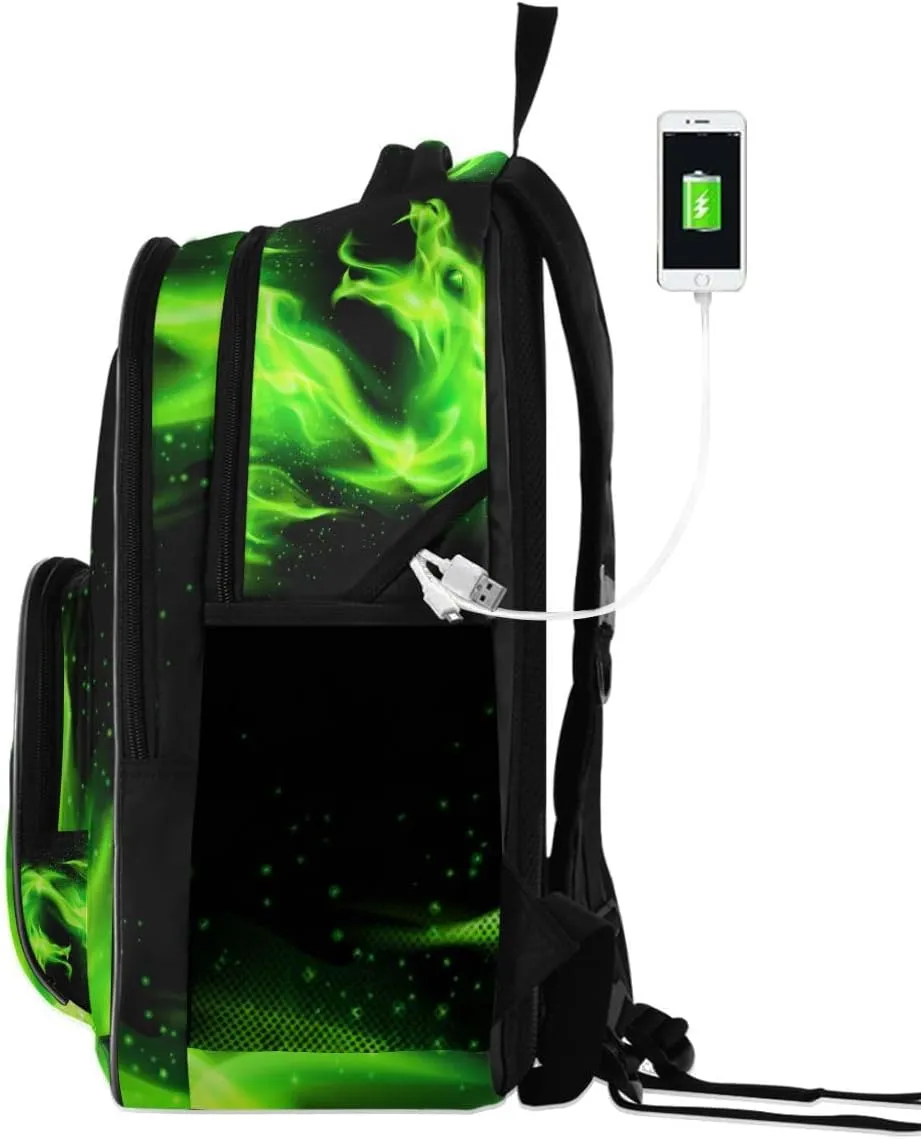 Kids Backpack Green Fire Dragon Three Layer Arc Bookbag for Boys Girls Elementary School Casual Travel Bag Laptop Daypack