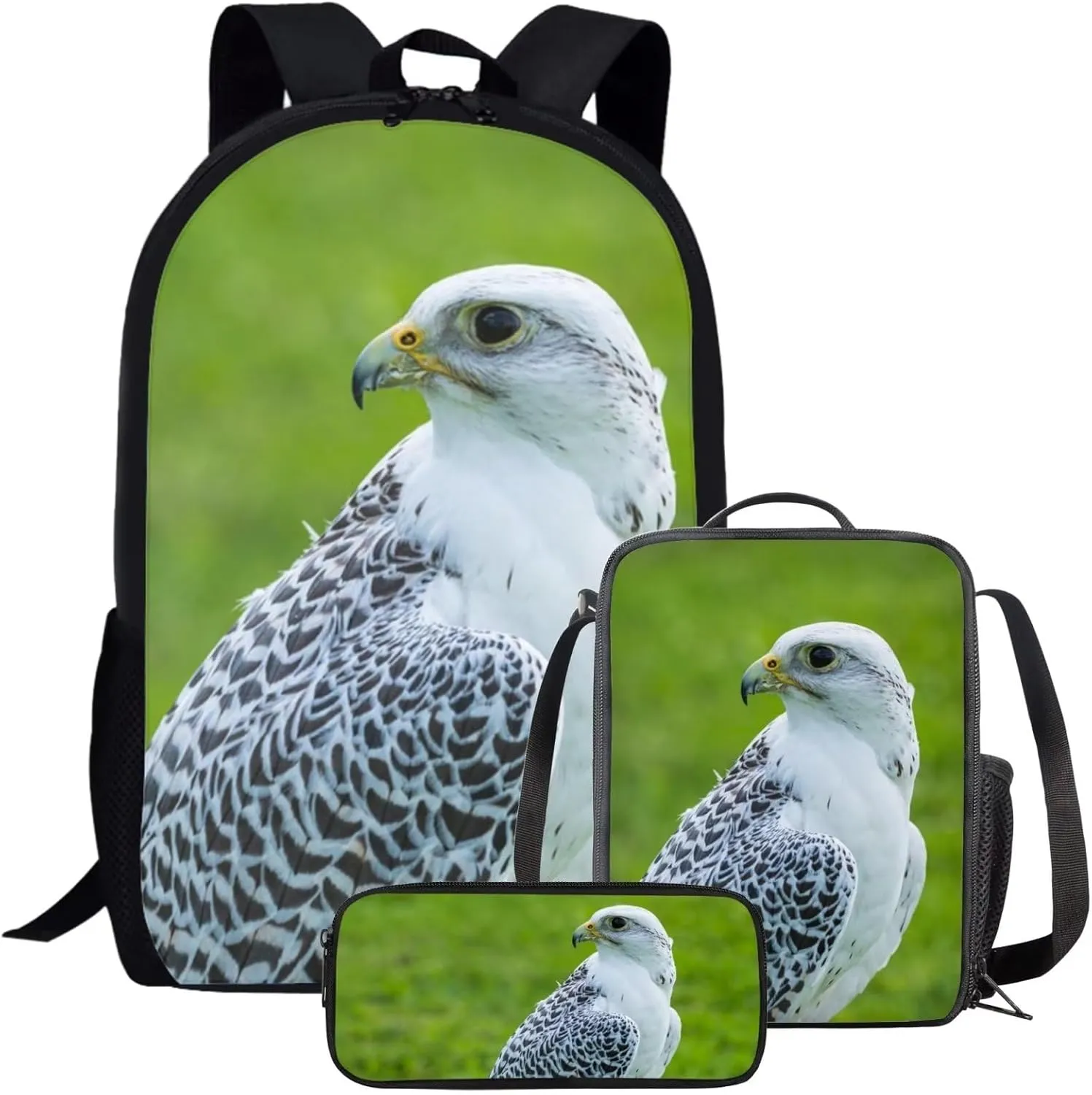 Kids Novelty Animal Backpack and Lunch Box for Boys Girls Student Lightweight 17 Inch School Bird Gyrfalcon Backpack with Lunch Bag Pencil Case Kids Comfy Padded Black Large Bookbag