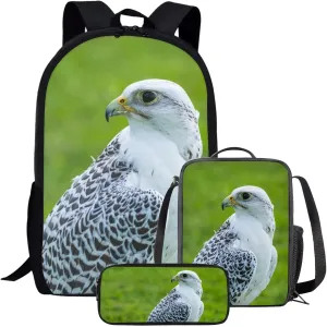 Kids Novelty Animal Backpack and Lunch Box for Boys Girls Student Lightweight 17 Inch School Bird Gyrfalcon Backpack with Lunch Bag Pencil Case Kids Comfy Padded Black Large Bookbag