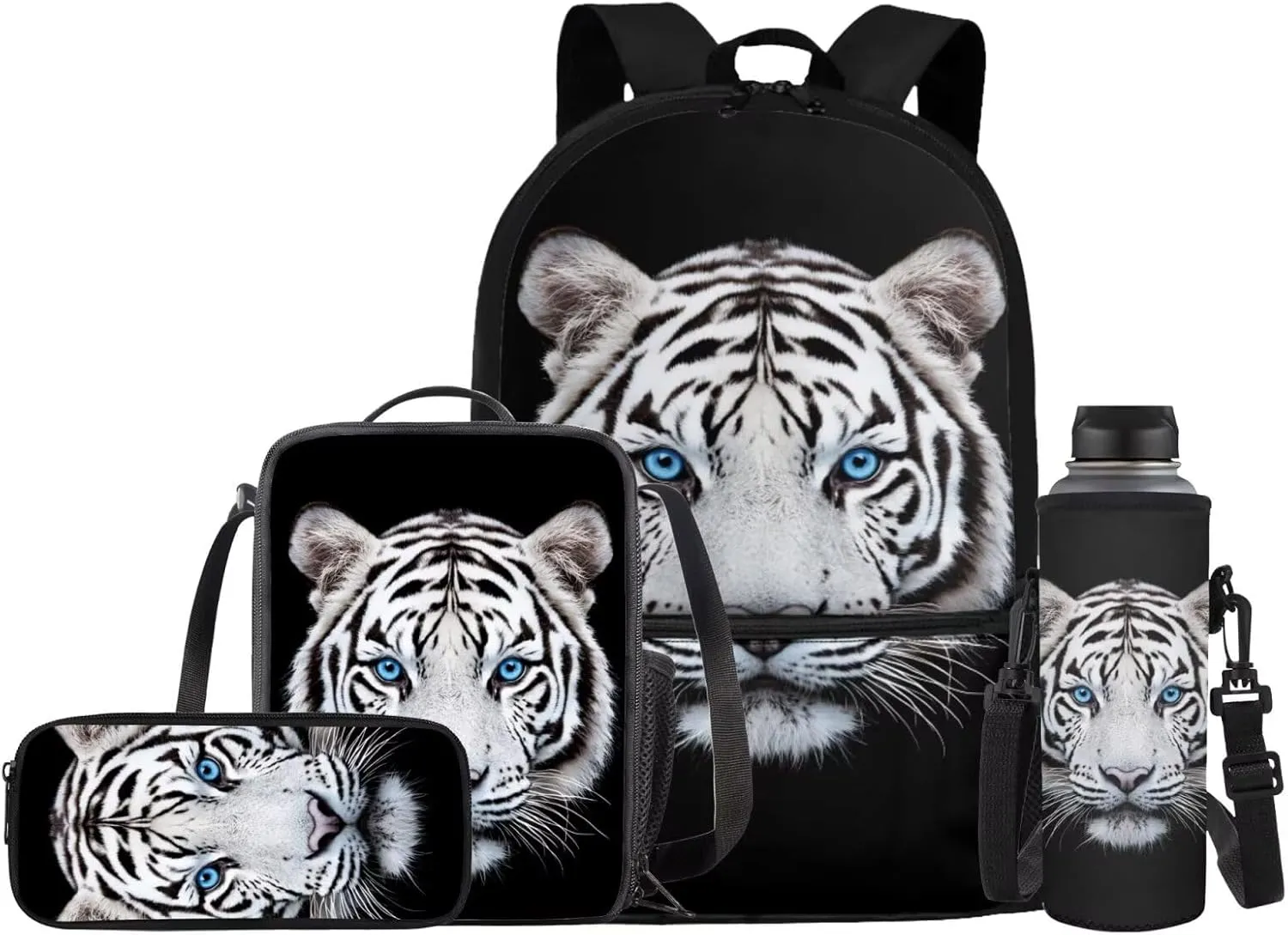 Kids School Bag for Girls Tiger Backpack and Lunch Box Pencil Case Water Bottle Holder 4 PCS Boys Bookbag School Accessories Back to School Supplies