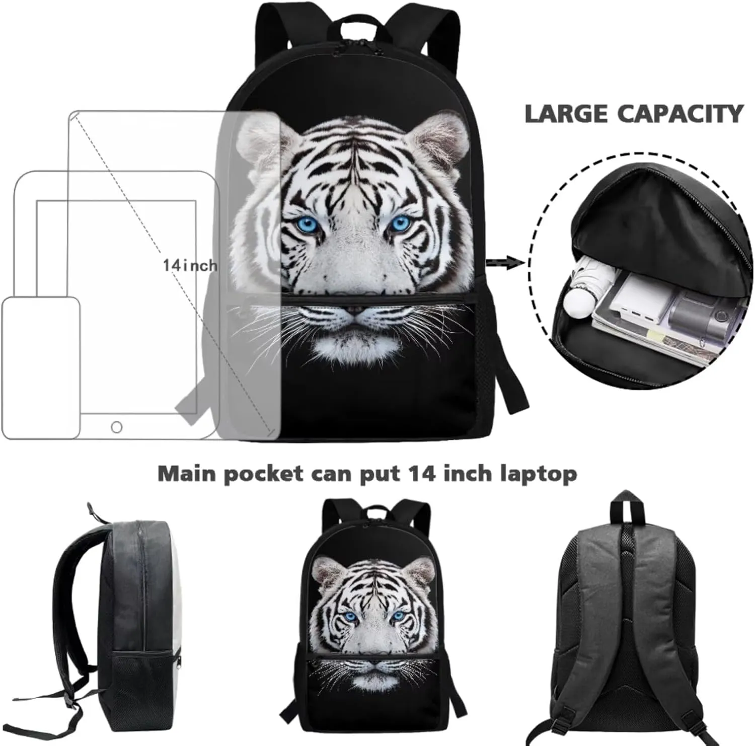 Kids School Bag for Girls Tiger Backpack and Lunch Box Pencil Case Water Bottle Holder 4 PCS Boys Bookbag School Accessories Back to School Supplies