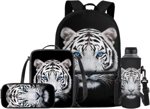Kids School Bag for Girls Tiger Backpack and Lunch Box Pencil Case Water Bottle Holder 4 PCS Boys Bookbag School Accessories Back to School Supplies