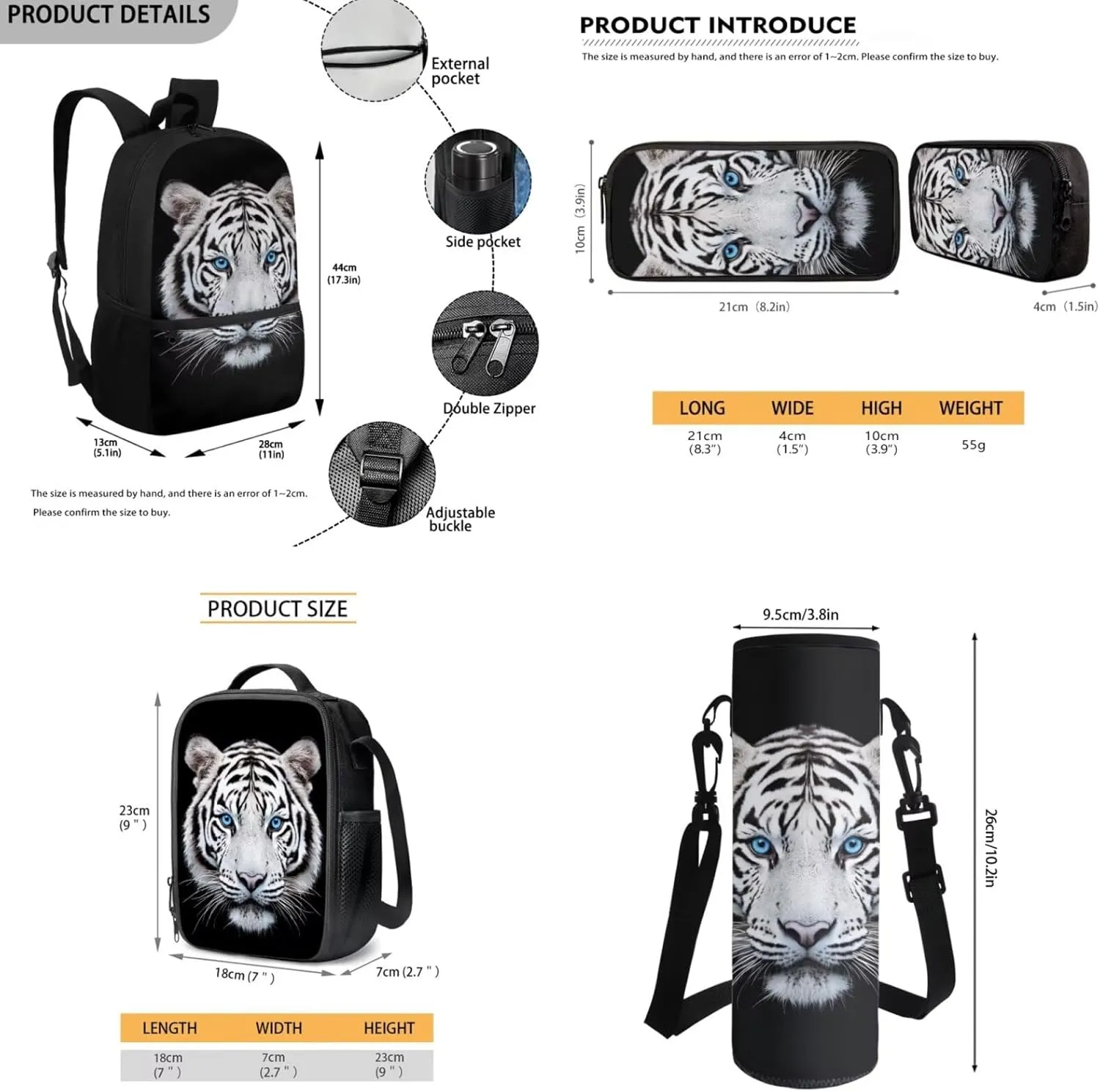 Kids School Bag for Girls Tiger Backpack and Lunch Box Pencil Case Water Bottle Holder 4 PCS Boys Bookbag School Accessories Back to School Supplies