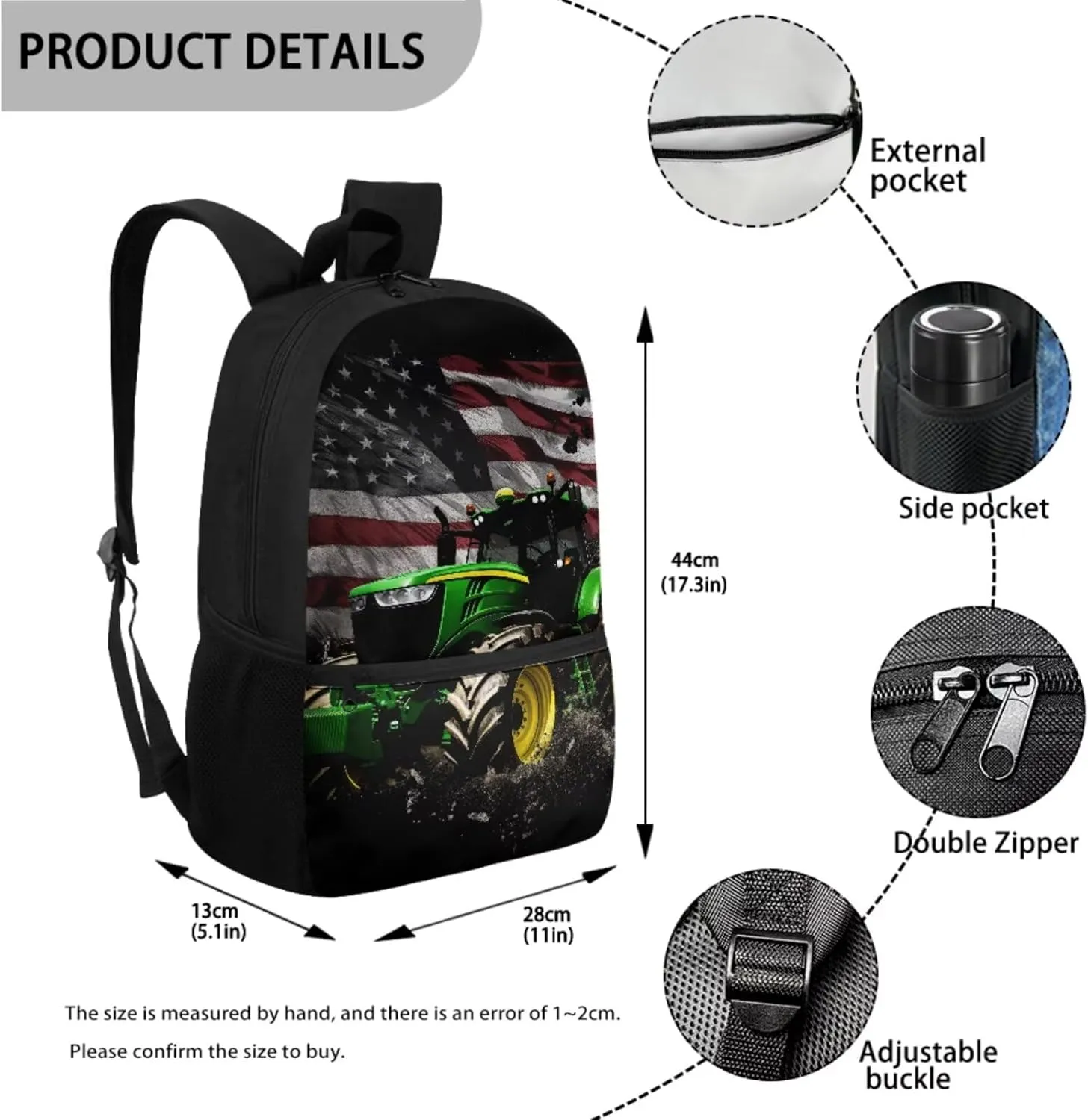 Kids School Bags for Boys Youth Boys American Flag Tractor Backpack and Lunch Box Water Bottle Holder Pencil Case Pouch Set 4 in 1 Daypack for Hiking Travel Back to School Supplies