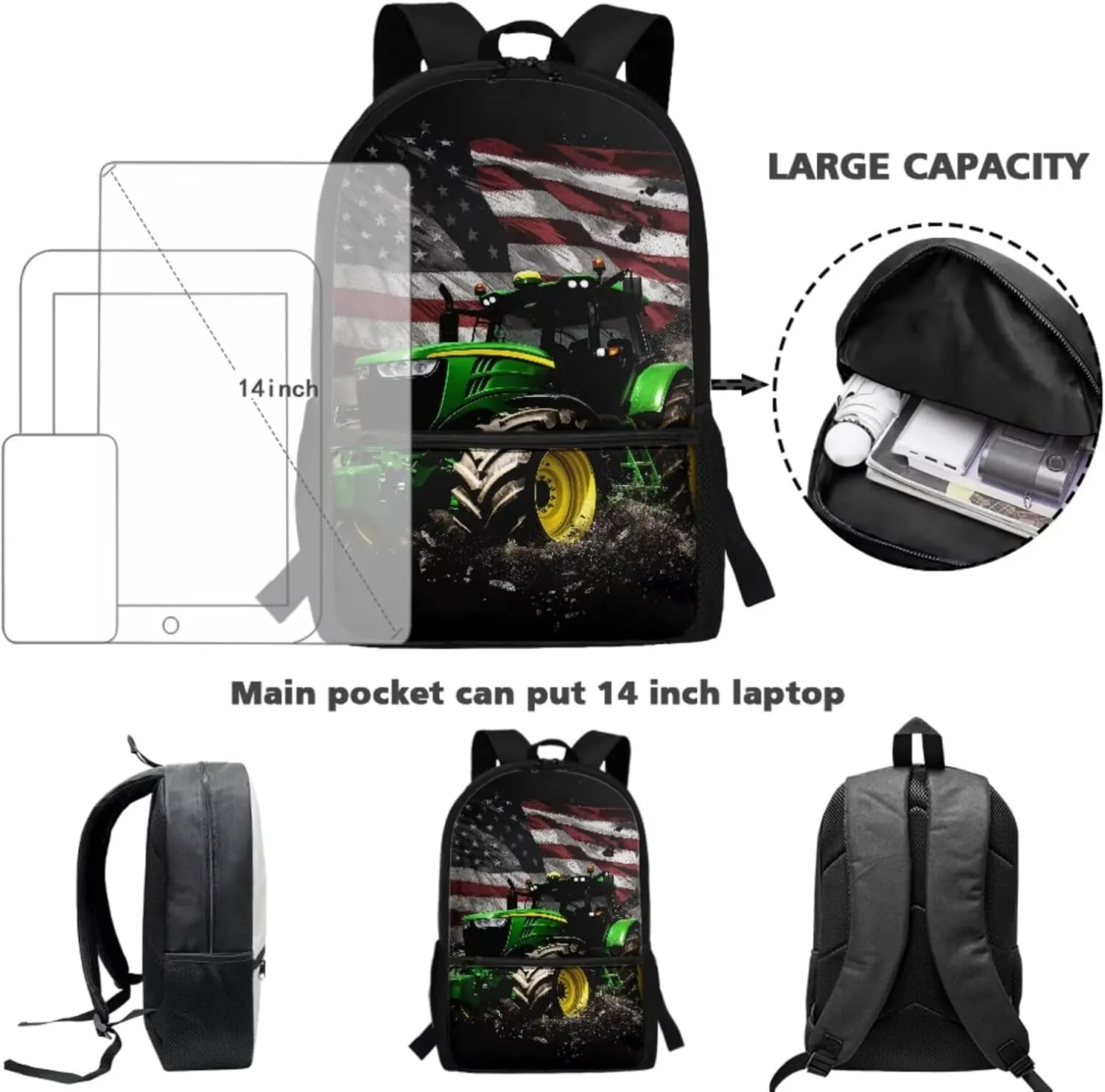 Kids School Bags for Boys Youth Boys American Flag Tractor Backpack and Lunch Box Water Bottle Holder Pencil Case Pouch Set 4 in 1 Daypack for Hiking Travel Back to School Supplies