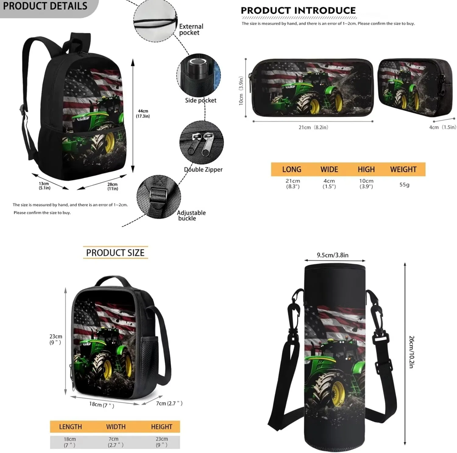 Kids School Bags for Boys Youth Boys American Flag Tractor Backpack and Lunch Box Water Bottle Holder Pencil Case Pouch Set 4 in 1 Daypack for Hiking Travel Back to School Supplies