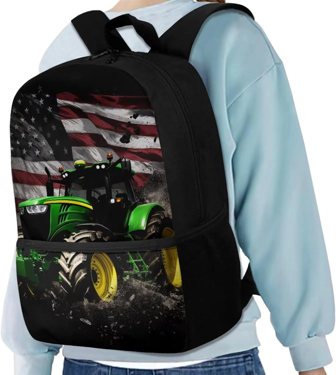 Kids School Bags for Boys Youth Boys American Flag Tractor Backpack and Lunch Box Water Bottle Holder Pencil Case Pouch Set 4 in 1 Daypack for Hiking Travel Back to School Supplies