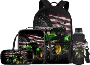Kids School Bags for Boys Youth Boys American Flag Tractor Backpack and Lunch Box Water Bottle Holder Pencil Case Pouch Set 4 in 1 Daypack for Hiking Travel Back to School Supplies