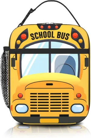 Kids School Bus Insulated Lunch Bag Cartoon Yellow Bus Lunchbox with Mesh Side Pocket LeakProof Cooler Tote for School Picnics Travel