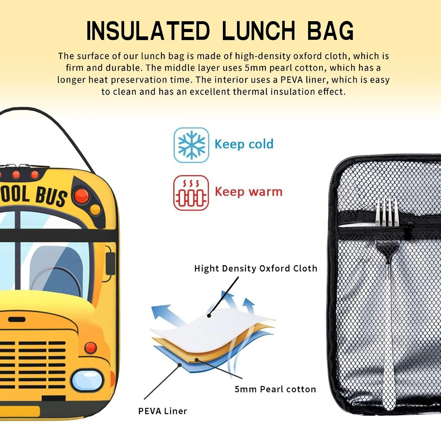 Kids School Bus Insulated Lunch Bag Cartoon Yellow Bus Lunchbox with Mesh Side Pocket LeakProof Cooler Tote for School Picnics Travel