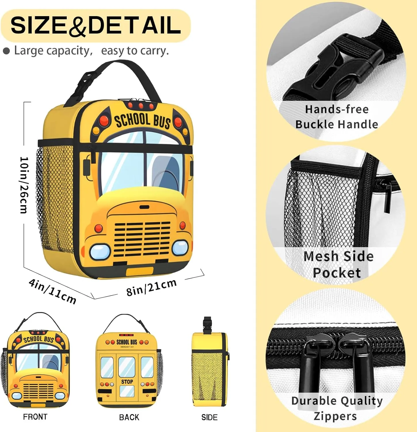 Kids School Bus Insulated Lunch Bag Cartoon Yellow Bus Lunchbox with Mesh Side Pocket LeakProof Cooler Tote for School Picnics Travel