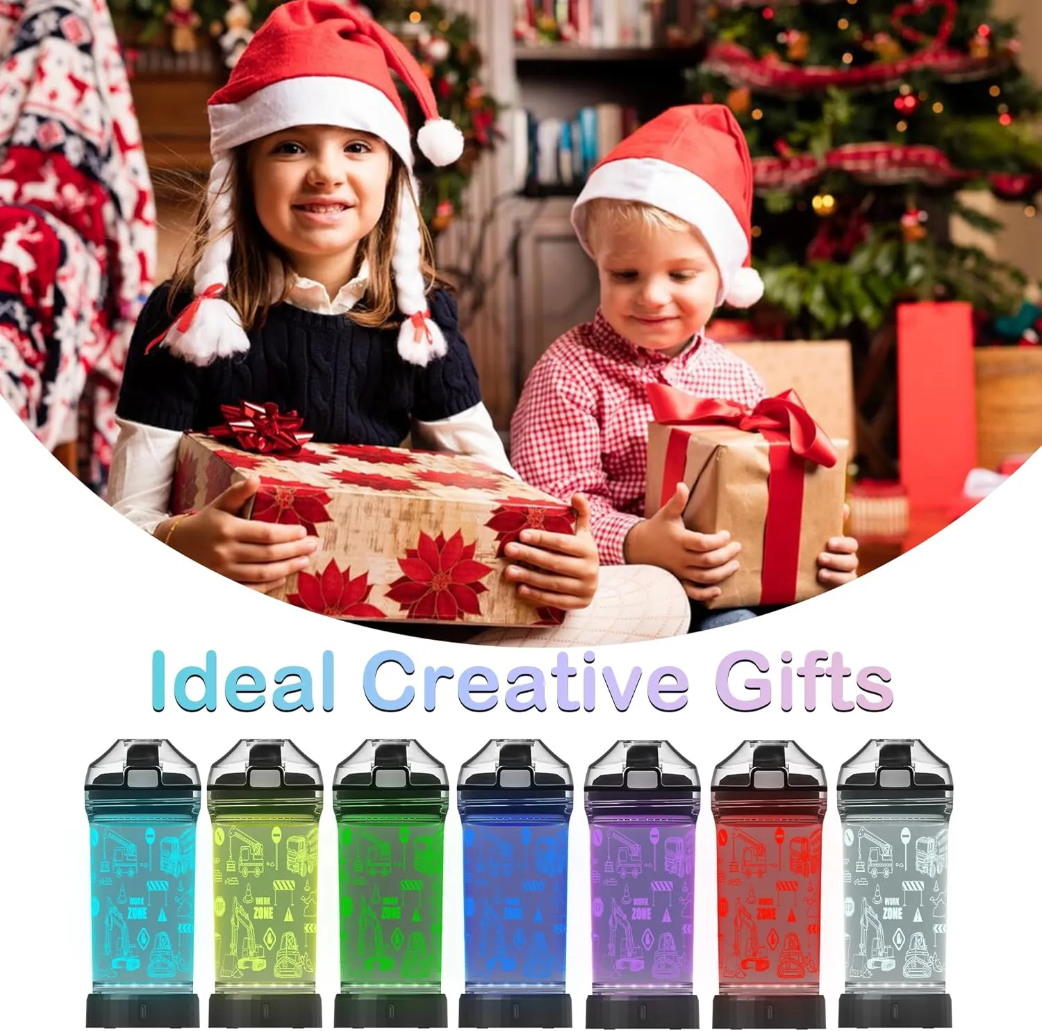Kids Water Bottle, Tractor-themed Light-Up Sport Cup with 3D Glowing LED Tractor Light – 14 OZ Tritan BPA-Free - Camping, and Holidays (Tractor)