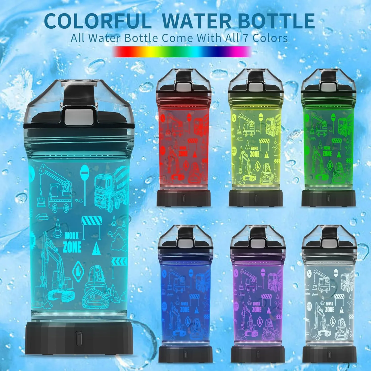 Kids Water Bottle, Tractor-themed Light-Up Sport Cup with 3D Glowing LED Tractor Light – 14 OZ Tritan BPA-Free - Camping, and Holidays (Tractor)