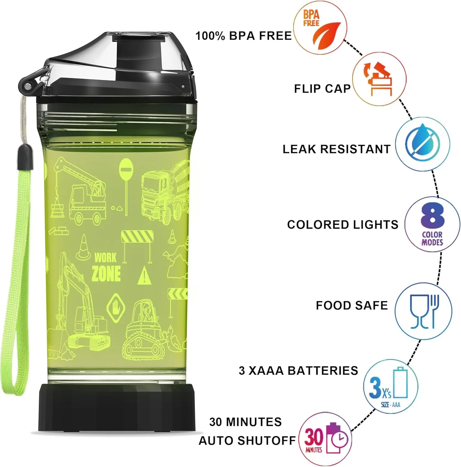 Kids Water Bottle, Tractor-themed Light-Up Sport Cup with 3D Glowing LED Tractor Light – 14 OZ Tritan BPA-Free - Camping, and Holidays (Tractor)