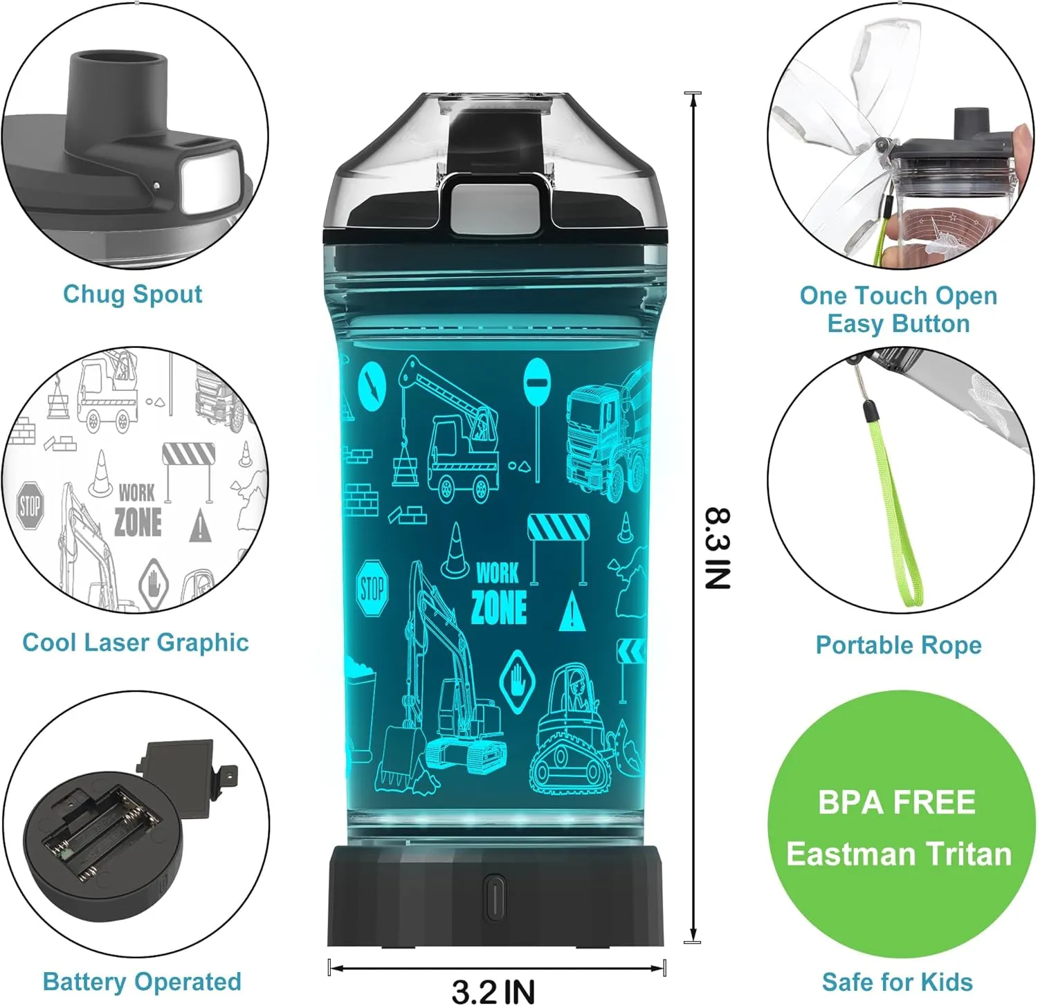 Kids Water Bottle, Tractor-themed Light-Up Sport Cup with 3D Glowing LED Tractor Light – 14 OZ Tritan BPA-Free - Camping, and Holidays (Tractor)