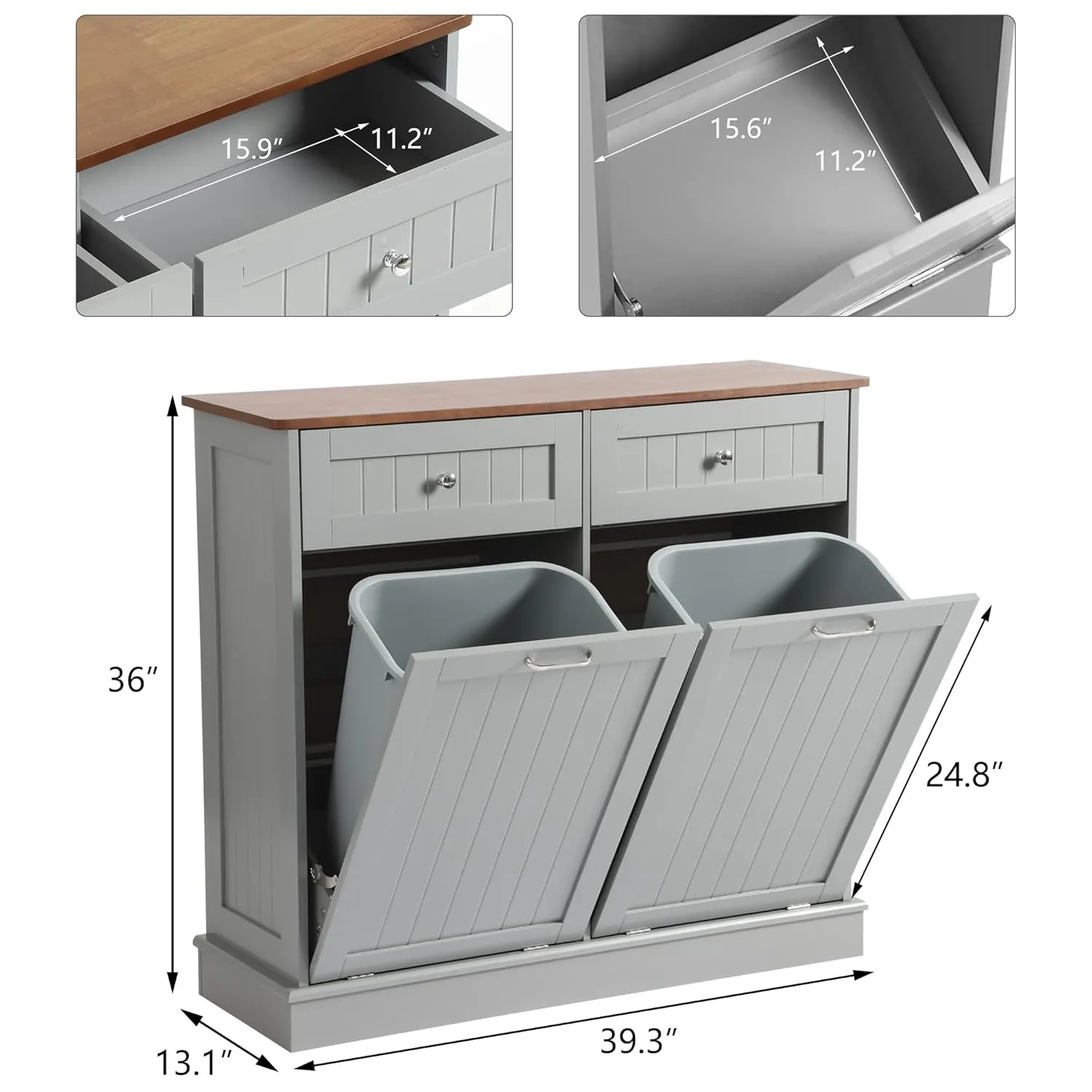 KIGOTY Double Tilt Out Trash Cabinet, Pet Proof Trash Can Cabinet with Countertop and Drawer, Trash Cabinets with Storage,Wooden Laundry Hamper for Kitchen,Grey