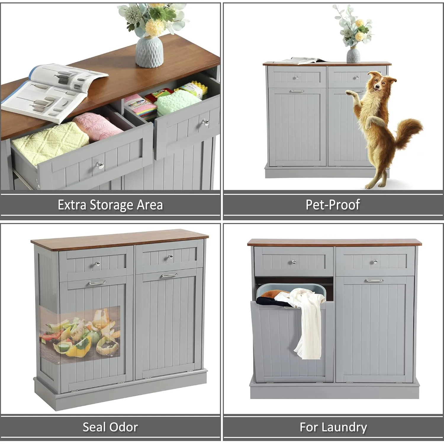 KIGOTY Double Tilt Out Trash Cabinet, Pet Proof Trash Can Cabinet with Countertop and Drawer, Trash Cabinets with Storage,Wooden Laundry Hamper for Kitchen,Grey