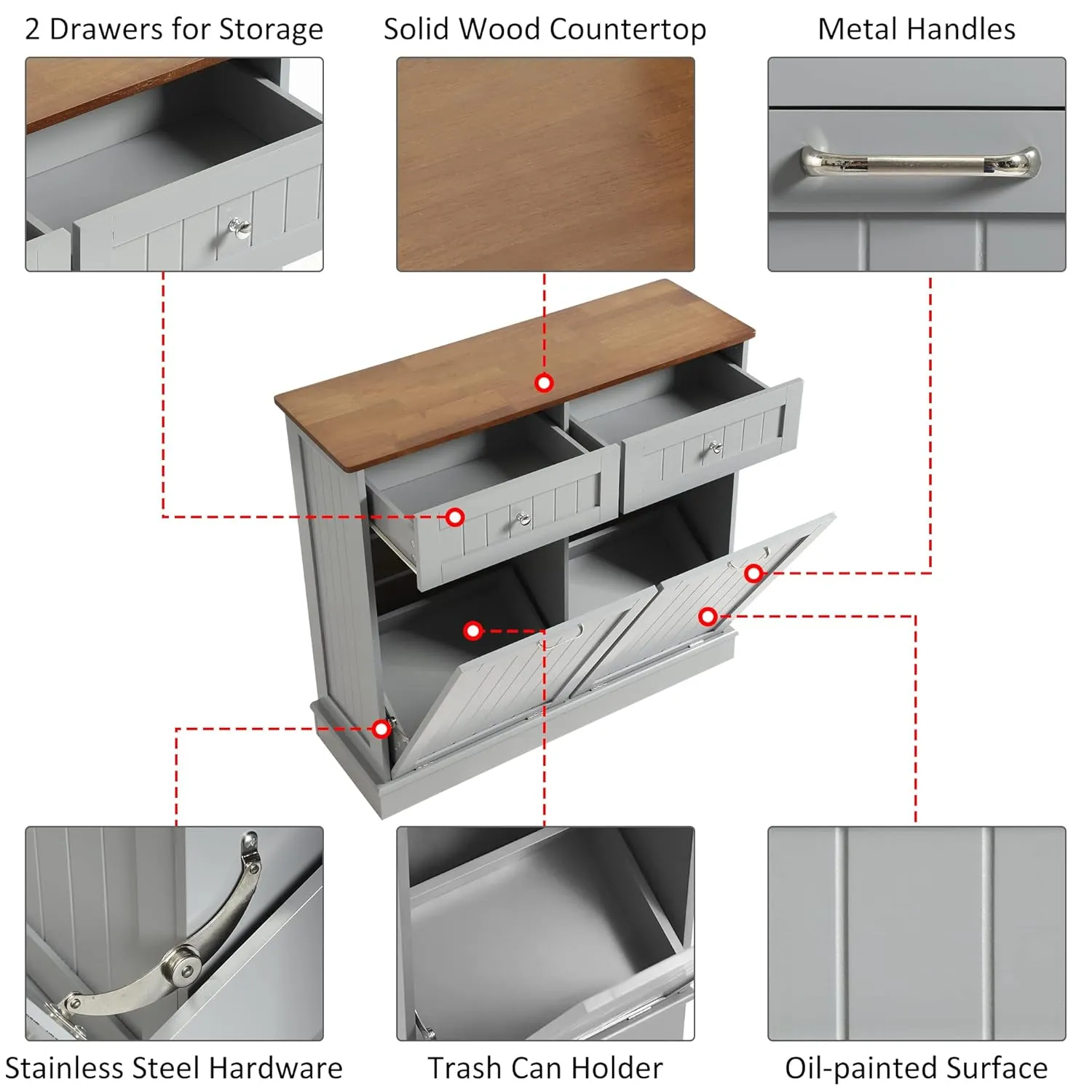 KIGOTY Double Tilt Out Trash Cabinet, Pet Proof Trash Can Cabinet with Countertop and Drawer, Trash Cabinets with Storage,Wooden Laundry Hamper for Kitchen,Grey