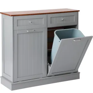 KIGOTY Double Tilt Out Trash Cabinet, Pet Proof Trash Can Cabinet with Countertop and Drawer, Trash Cabinets with Storage,Wooden Laundry Hamper for Kitchen,Grey