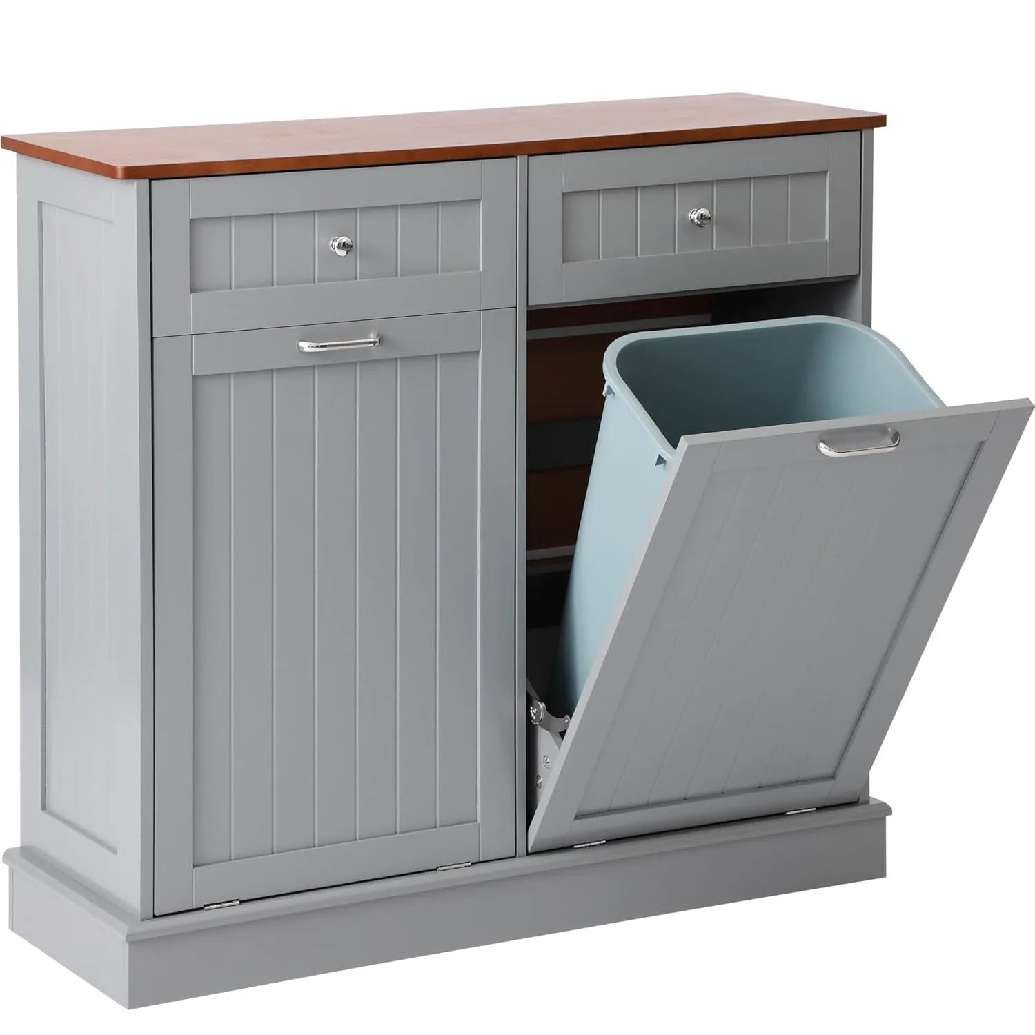 KIGOTY Double Tilt Out Trash Cabinet, Pet Proof Trash Can Cabinet with Countertop and Drawer, Trash Cabinets with Storage,Wooden Laundry Hamper for Kitchen,Grey