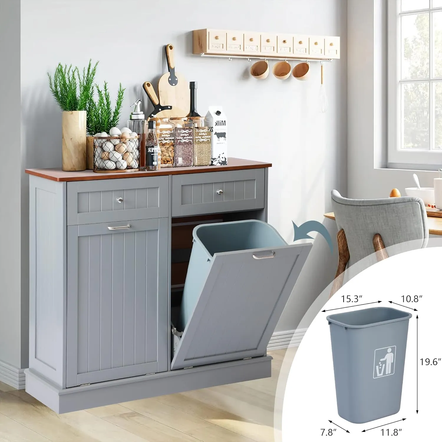 KIGOTY Double Tilt Out Trash Cabinet, Pet Proof Trash Can Cabinet with Countertop and Drawer, Trash Cabinets with Storage,Wooden Laundry Hamper for Kitchen,Grey