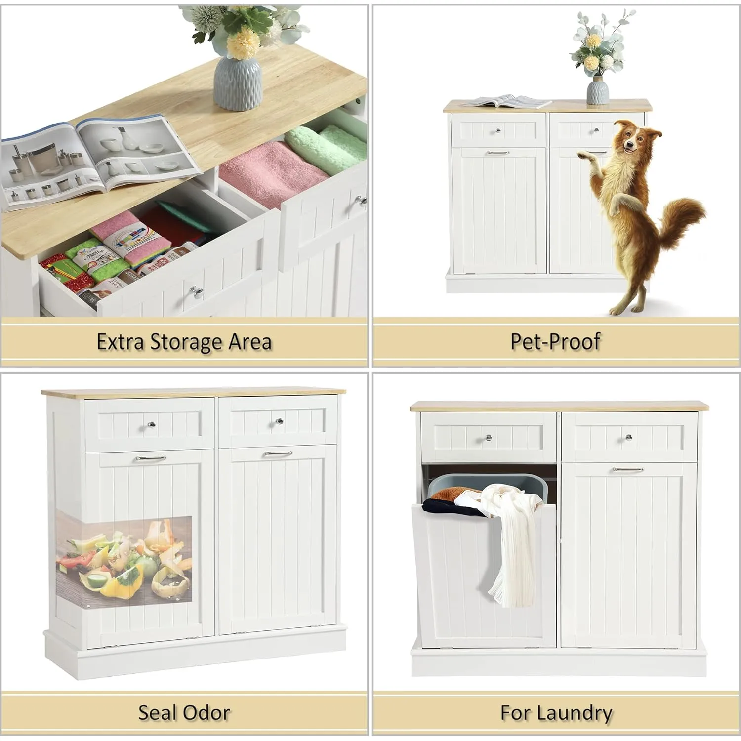 KIGOTY Double Tilt Out Trash Cabinet, Pet Proof Trash Can Cabinet with Countertop and Drawer, Trash Cabinets with Storage,Wooden Laundry Hamper for Kitchen,White