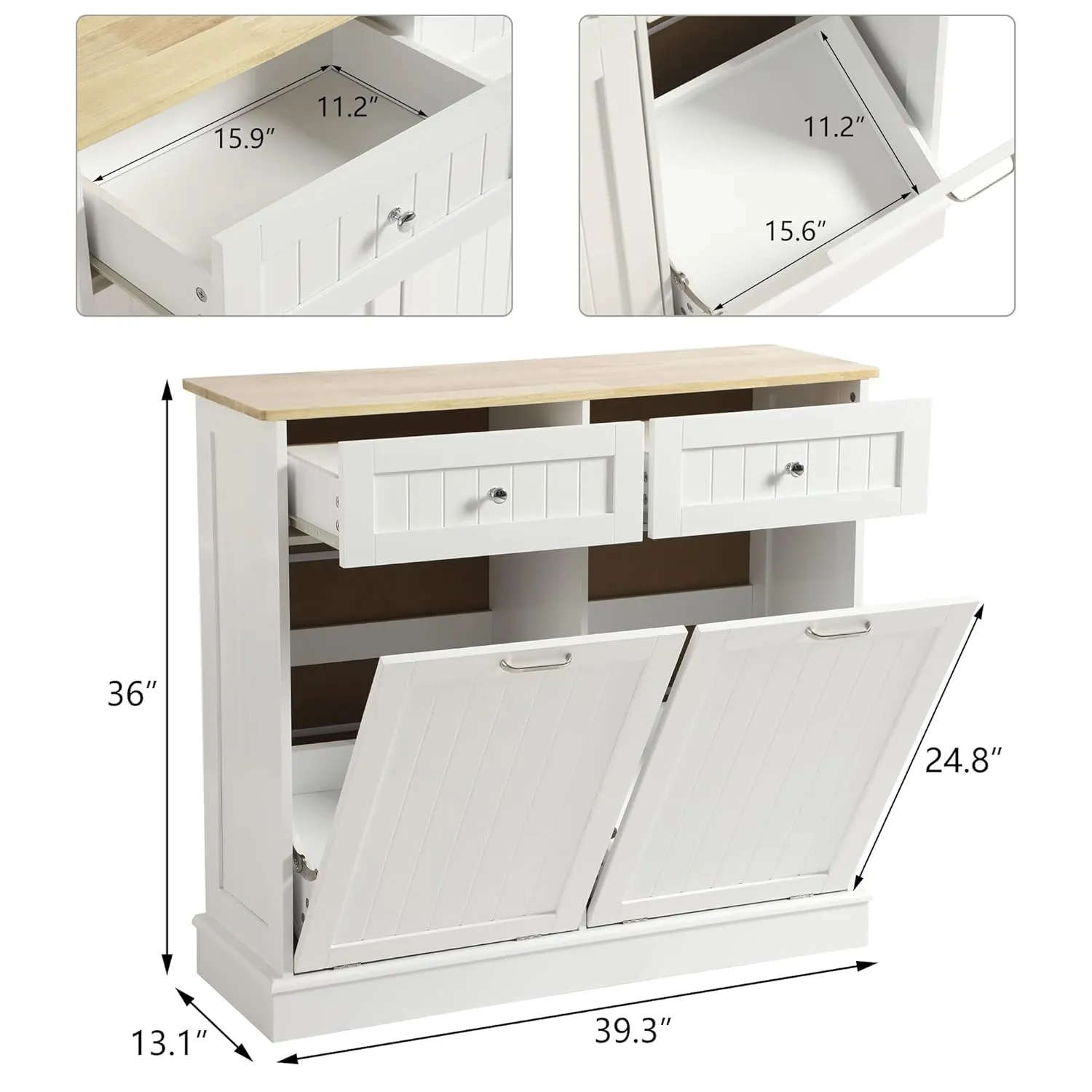 KIGOTY Double Tilt Out Trash Cabinet, Pet Proof Trash Can Cabinet with Countertop and Drawer, Trash Cabinets with Storage,Wooden Laundry Hamper for Kitchen,White